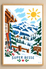 Affiche verticale de Super-Besse montrant un sommet enneigé, des sapins, des chalets, des remontées mécaniques, deux skis et un soleil jaune.