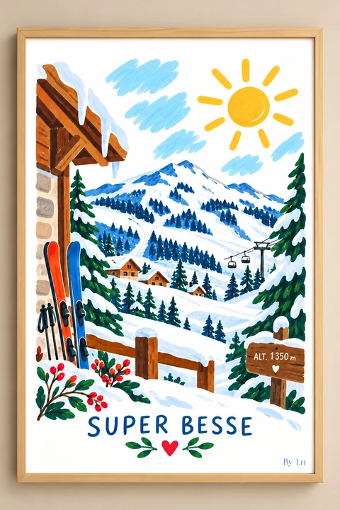 Affiche verticale de Super-Besse montrant un sommet enneigé, des sapins, des chalets, des remontées mécaniques, deux skis et un soleil jaune.