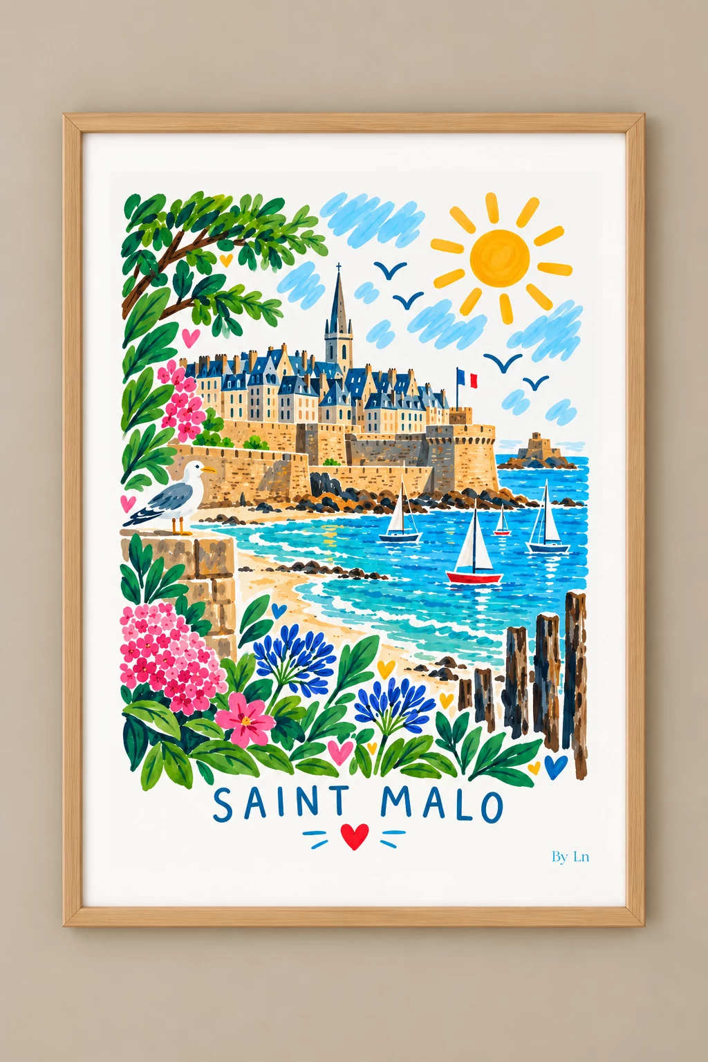 Affiche verticale de Saint-Malo avec fortification stylisée, toits bleus, flèche d’église, mer, voiliers, oiseau marin et cadre végétal coloré.