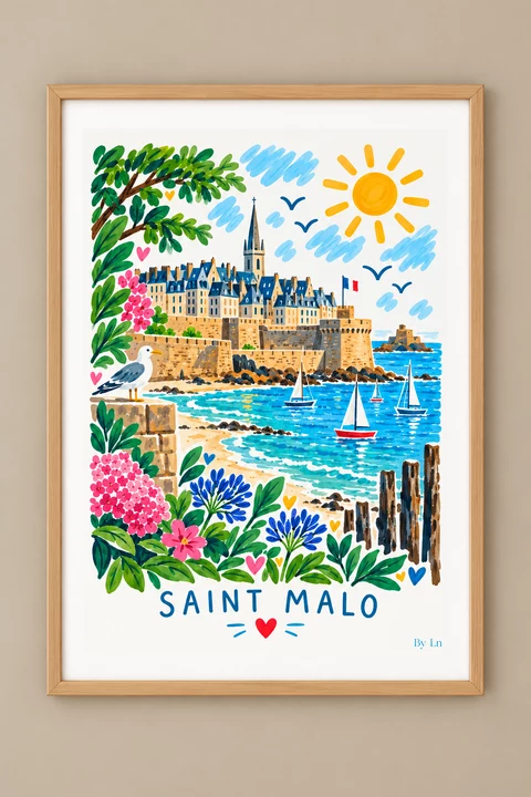 Affiche verticale de Saint-Malo avec fortification stylisée, toits bleus, flèche d’église, mer, voiliers, oiseau marin et cadre végétal coloré.