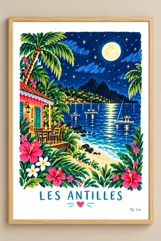 Affiche verticale montrant un paysage nocturne tropical avec lune, mer, palmiers, fleurs, petits bâtiments colorés et montagnes au loin.