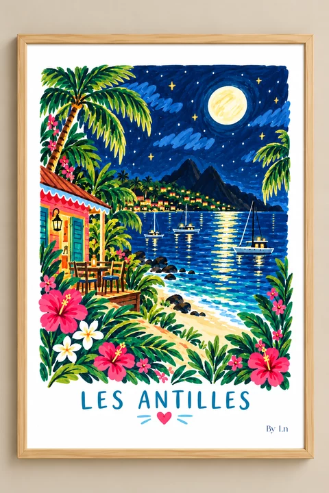 Affiche verticale montrant un paysage nocturne tropical avec lune, mer, palmiers, fleurs, petits bâtiments colorés et montagnes au loin.