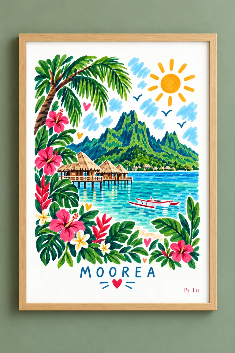 Affiche illustrée montrant un lagon bleu-vert, une montagne centrale, des constructions sur pilotis, une végétation tropicale dense et des fleurs colorées.