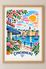 Affiche verticale illustrée de Concarneau avec port stylisé, remparts, bateaux à voile, terrasse de café, fleurs et ciel coloré.
