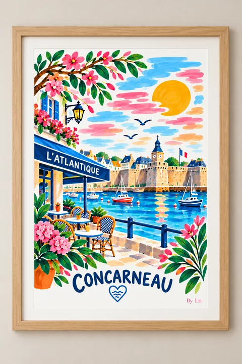 Affiche verticale illustrée de Concarneau avec port stylisé, remparts, bateaux à voile, terrasse de café, fleurs et ciel coloré.