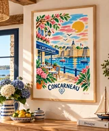 Affiche Concarneau – La Ville Close et le port, illustration By Ln dans un cadre en bois clair