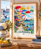 Affiche Cherbourg – parapluies colorés et port, illustration By Ln dans un cadre en bois clair