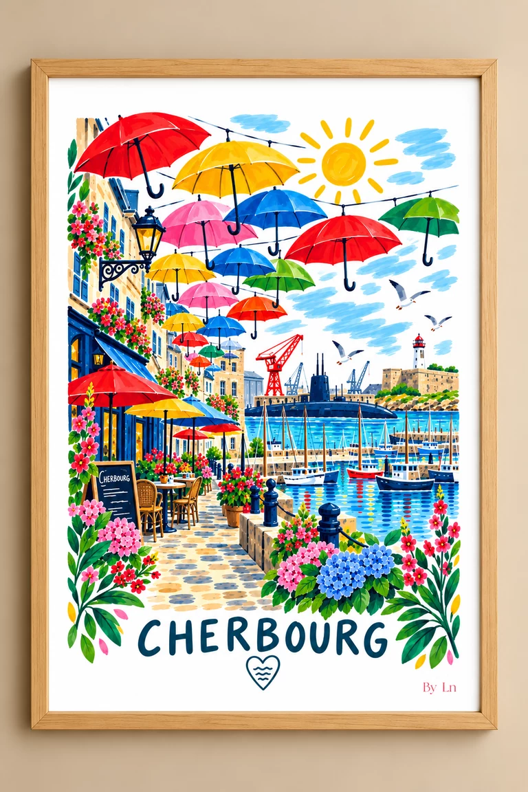 Affiche illustrée de Cherbourg avec port, voiliers, parapluies colorés suspendus, façades fleuries, mouettes et grand titre en bas.