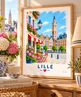 Affiche Lille – façades flamandes et terrasse fleurie, illustration By Ln dans un cadre en bois clair
