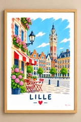 Affiche illustrée d’une place urbaine stylisée à Lille, avec façades à pignons, tour d’horloge, lampadaire, terrasse et titre en bas.