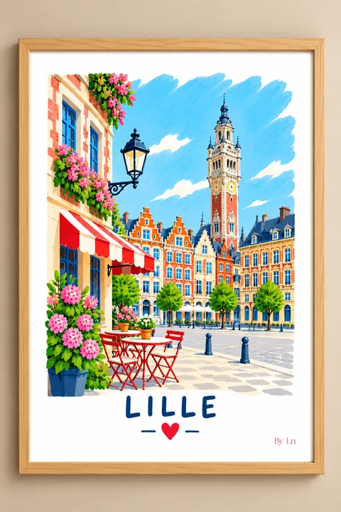 Affiche illustrée d’une place urbaine stylisée à Lille, avec façades à pignons, tour d’horloge, lampadaire, terrasse et titre en bas.