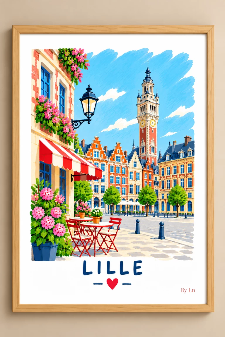 Affiche illustrée d’une place urbaine stylisée à Lille, avec façades à pignons, tour d’horloge, lampadaire, terrasse et titre en bas.