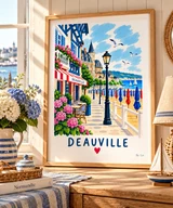 Affiche Deauville – Promenade et parasols colorés – illustration By Ln dans un cadre en bois clair