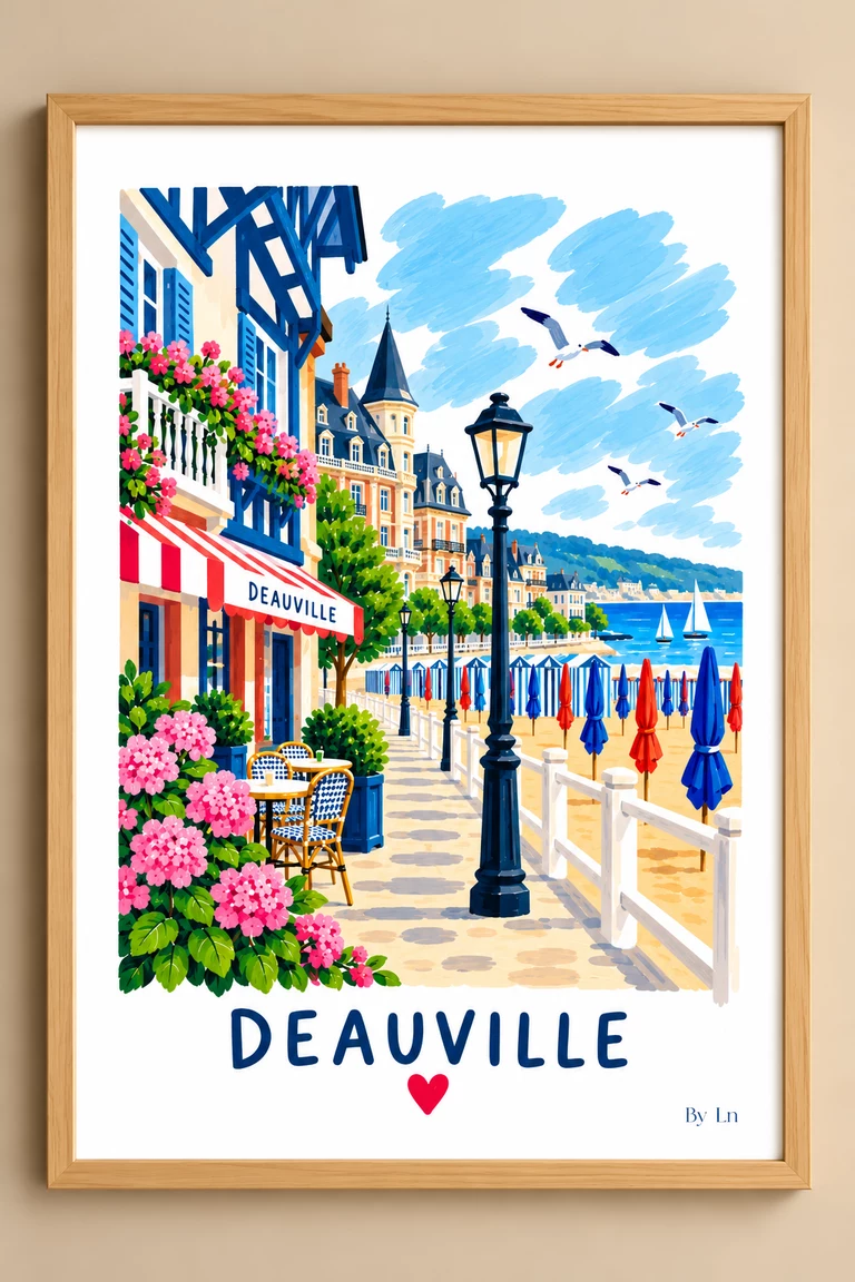 Affiche verticale illustrant une promenade balnéaire stylisée avec mer, ciel bleu, façades, arbres, parasols fermés, oiseaux et le mot Deauville en bas.