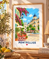 Affiche Montpellier – Fontaine et terrasse fleurie – illustration By Ln dans un cadre en bois clair