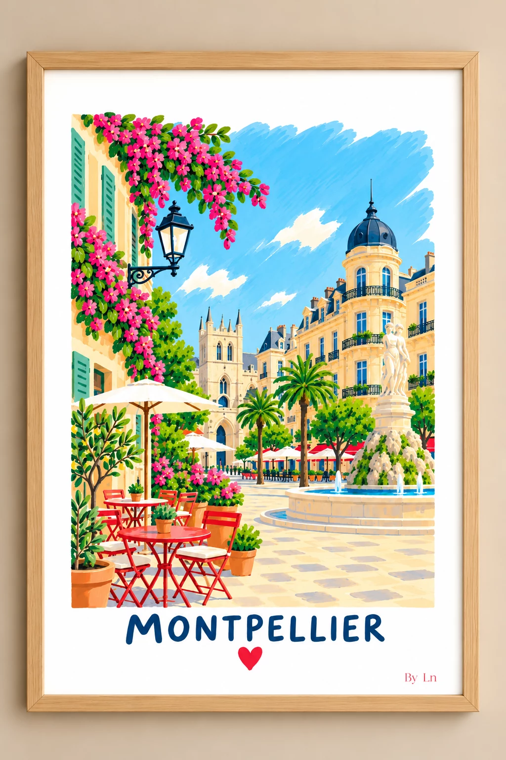 Illustration verticale d’une place urbaine de Montpellier avec fontaine circulaire, bâtiments clairs, terrasse de café, palmiers et façade fleurie.