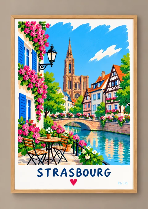 Affiche verticale de Strasbourg montrant un canal, un petit pont de pierre, des façades à colombages, un clocher central et des fleurs aux couleurs vives.