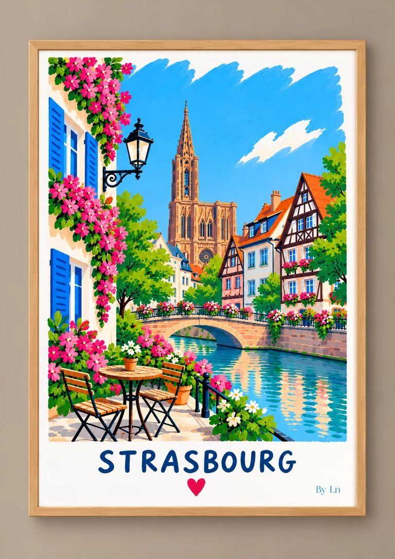 Affiche verticale de Strasbourg montrant un canal, un petit pont de pierre, des façades à colombages, un clocher central et des fleurs aux couleurs vives.