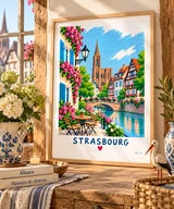Affiche Strasbourg – Canal et maisons à colombages – illustration By Ln dans un cadre en bois clair