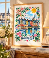 Affiche Honfleur – Port fleuri et voiliers – illustration By Ln dans un cadre en bois clair