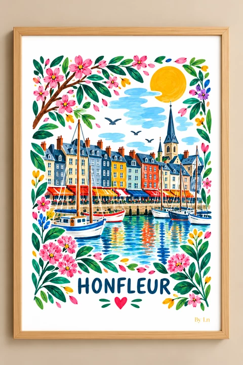 Illustration verticale d’Honfleur avec maisons colorées, mâts de bateaux, reflets dans l’eau, fleurs autour du motif et grand soleil jaune en haut à droite.
