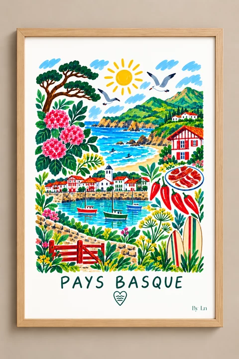 Illustration verticale du Pays Basque avec mer, plage, criques, maisons blanches aux toits rouges, oiseaux, soleil, fleurs et piments rouges.