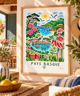 Affiche Pays Basque – Océan et traditions – illustration By Ln dans un cadre en bois clair