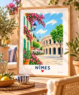 Affiche Nîmes – Les arènes et la douceur du Sud – illustration By Ln dans un cadre en bois clair