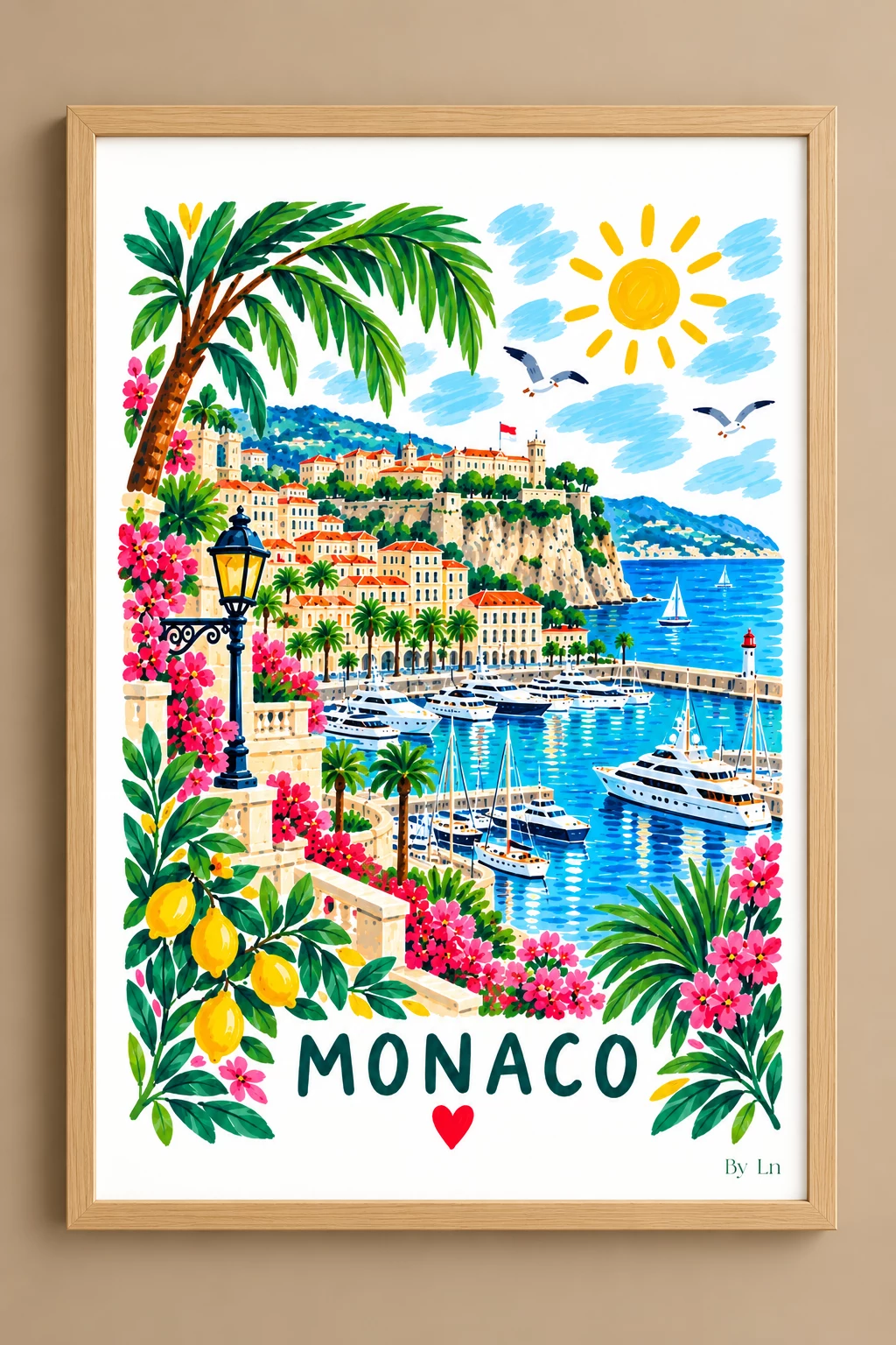 Affiche verticale colorée montrant Monaco avec baie, bateaux, falaises, palmiers, fleurs, soleil et mer bleue, avec un cœur rouge en bas.
