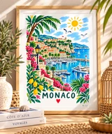 Affiche Monaco – Le Rocher et le port ensoleillé – illustration By Ln dans un cadre en bois clair