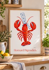 Affiche Homard Bigouden – Le homard à coiffe bretonne – illustration By Ln dans un cadre en bois clair