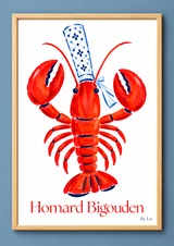Illustration verticale d’un homard rouge stylisé, coiffé de blanc à motifs bleus, avec des touches bleu foncé et bleu clair sur fond blanc.