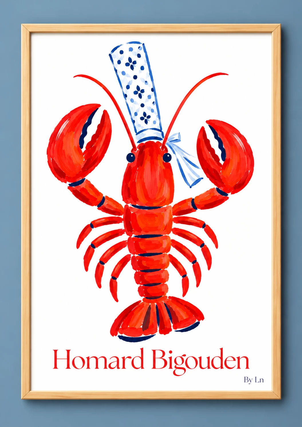 Illustration verticale d’un homard rouge stylisé, coiffé de blanc à motifs bleus, avec des touches bleu foncé et bleu clair sur fond blanc.