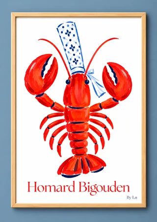 Illustration verticale d’un homard rouge stylisé, coiffé de blanc à motifs bleus, avec des touches bleu foncé et bleu clair sur fond blanc.