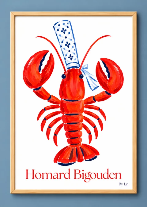 Illustration verticale d’un homard rouge stylisé, coiffé de blanc à motifs bleus, avec des touches bleu foncé et bleu clair sur fond blanc.