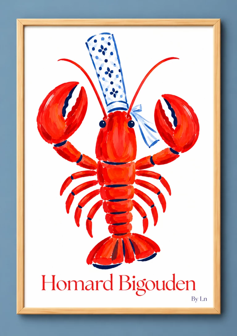 Illustration verticale d’un homard rouge stylisé, coiffé de blanc à motifs bleus, avec des touches bleu foncé et bleu clair sur fond blanc.