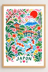 Affiche verticale illustrée d’un motif japonais avec fleurs roses, bambous, soleil rouge, montagne bleue et bassin de koi au centre.