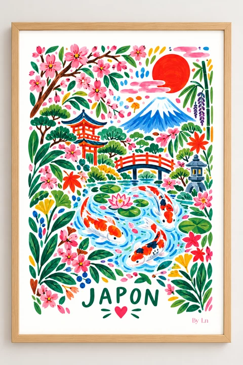 Affiche verticale illustrée d’un motif japonais avec fleurs roses, bambous, soleil rouge, montagne bleue et bassin de koi au centre.