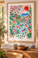 Affiche Japon – Mont Fuji et jardin aux carpes koï – illustration By Ln dans un cadre en bois clair