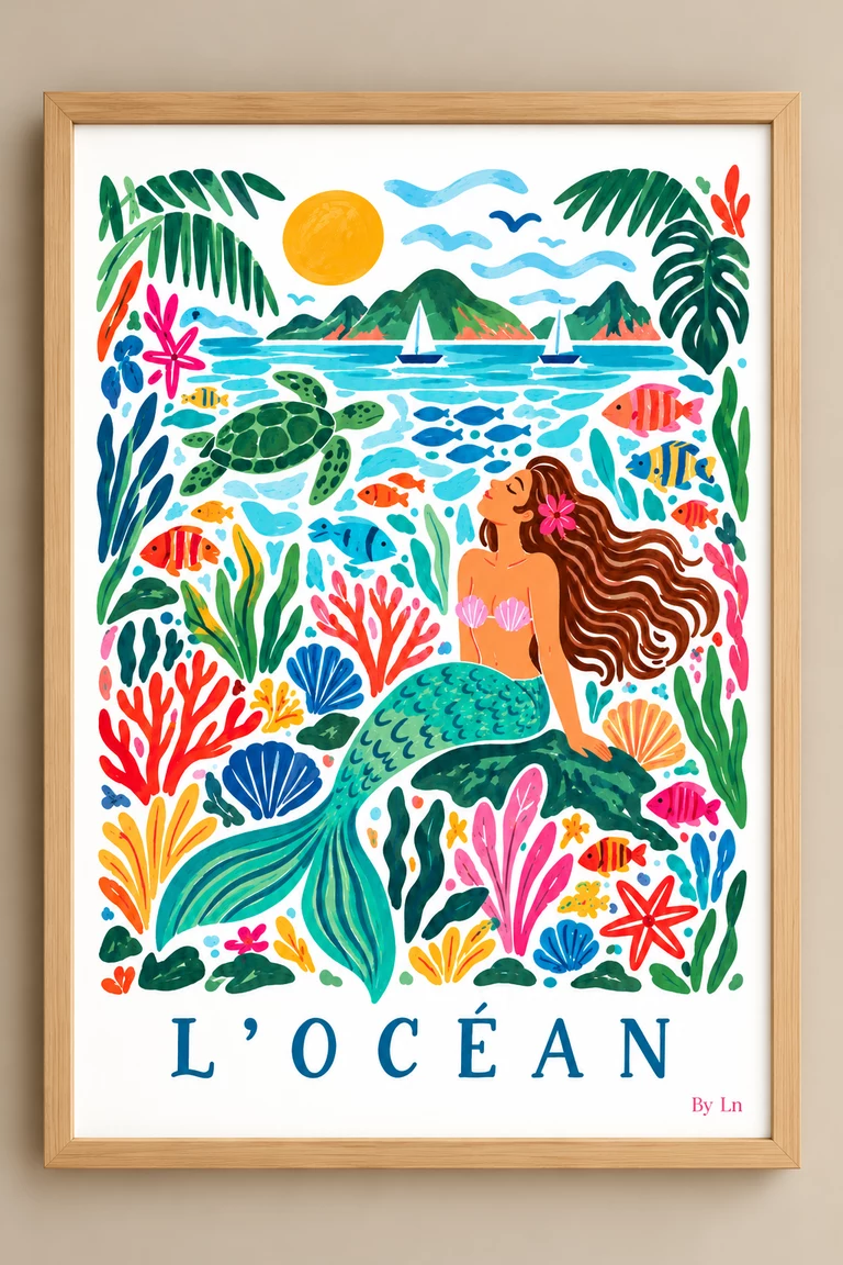Affiche illustrée d’une sirène assise sur un rocher, entourée de poissons, coraux, tortue, coquillages et plantes marines, avec mer turquoise et soleil jaune.