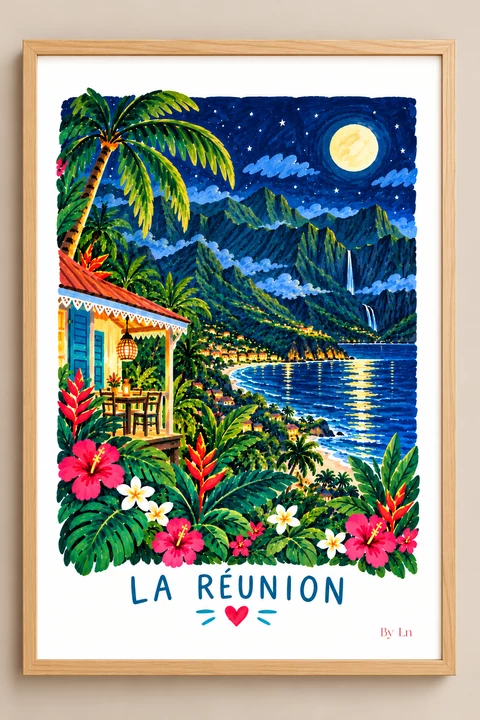 Affiche illustrée de La Réunion montrant un paysage tropical nocturne, une lune, des montagnes, une baie, des cascades et une végétation dense.