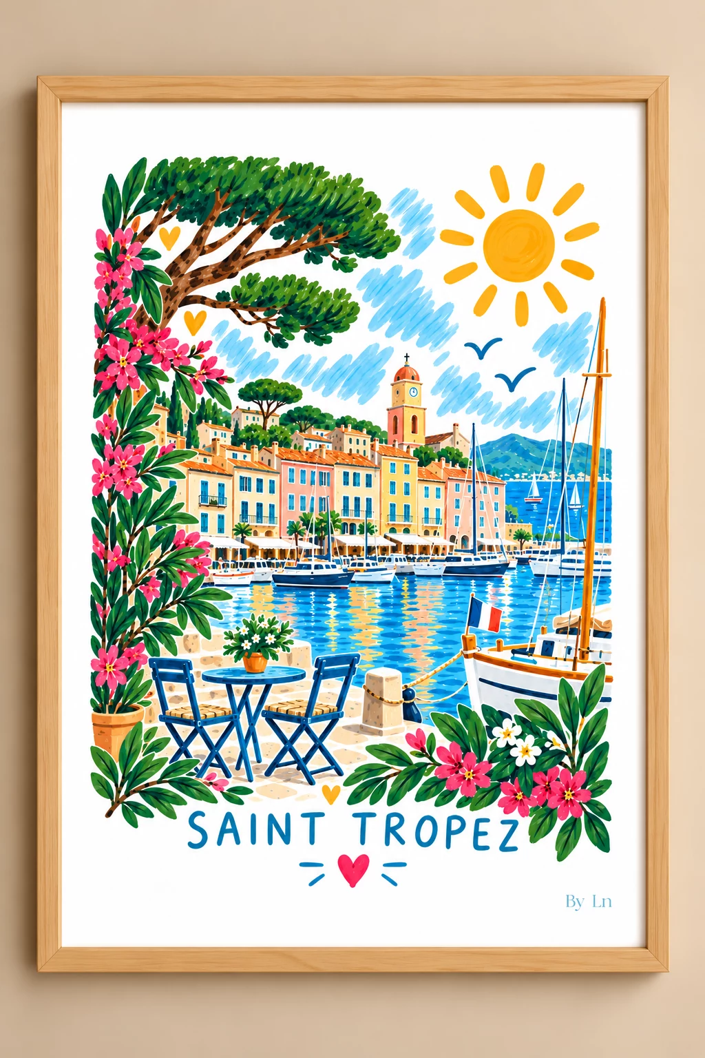 Illustration verticale d’un port méditerranéen stylisé avec façades pastel, voiliers, soleil jaune, feuillage dense et texte Saint-Tropez en bas.