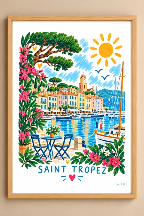 Illustration verticale d’un port méditerranéen stylisé avec façades pastel, voiliers, soleil jaune, feuillage dense et texte Saint-Tropez en bas.