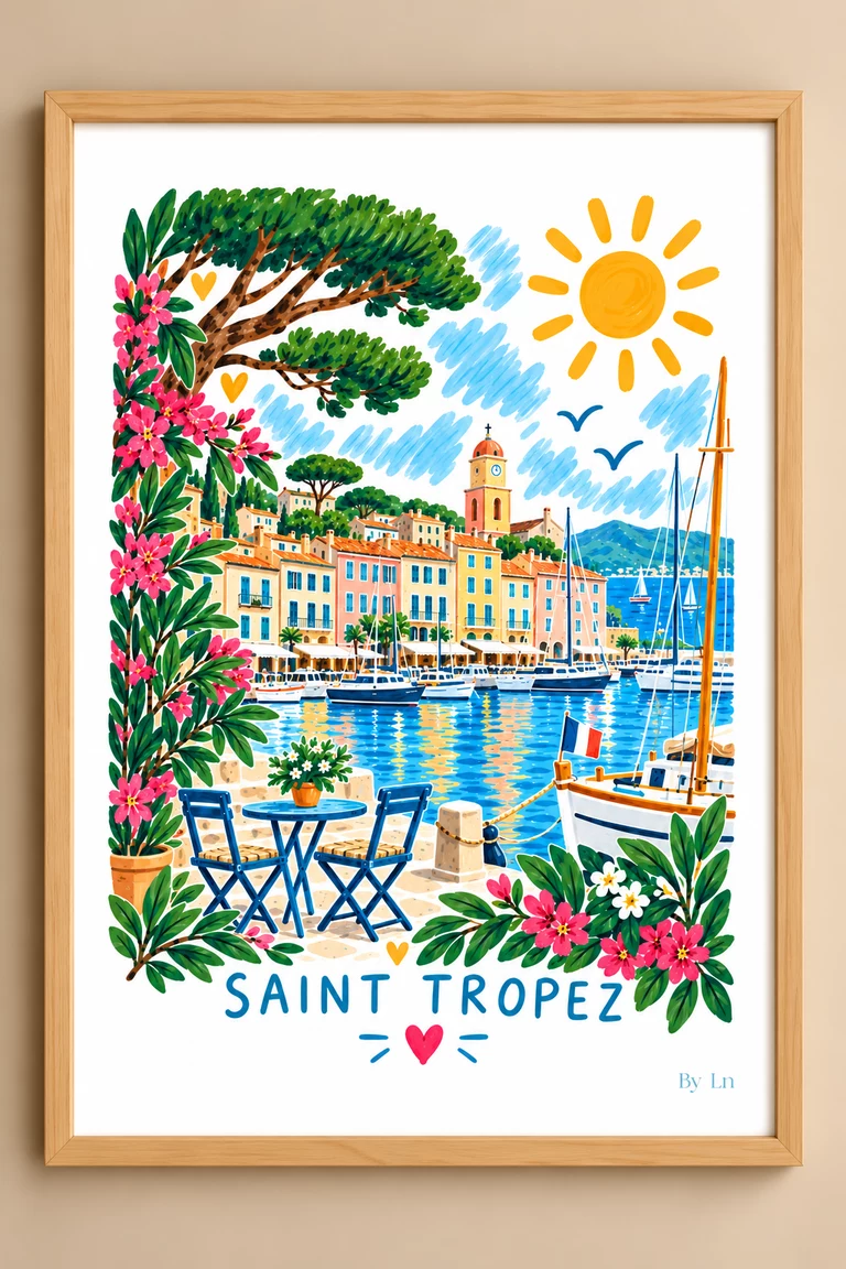 Illustration verticale d’un port méditerranéen stylisé avec façades pastel, voiliers, soleil jaune, feuillage dense et texte Saint-Tropez en bas.