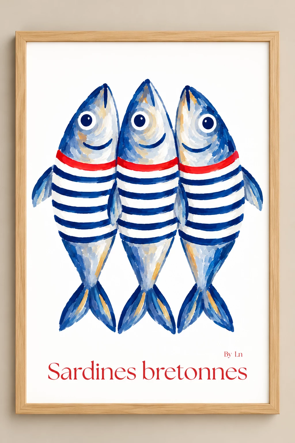 Affiche Sardines bretonnes : trois sardines debout côte à côte, vêtues de rayures bleues et blanches à bande rouge sur fond blanc.