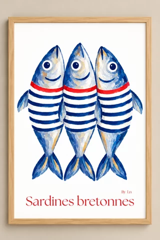 Affiche Sardines bretonnes : trois sardines debout côte à côte, vêtues de rayures bleues et blanches à bande rouge sur fond blanc.