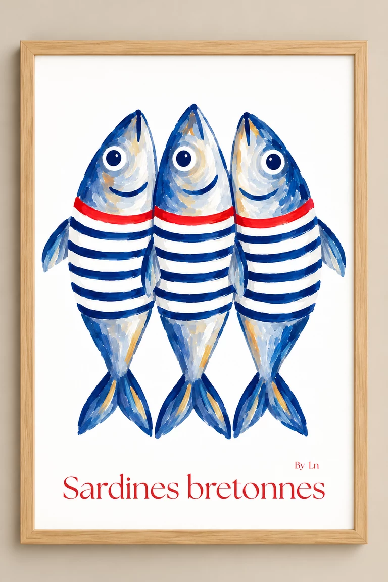 Affiche Sardines bretonnes : trois sardines debout côte à côte, vêtues de rayures bleues et blanches à bande rouge sur fond blanc.
