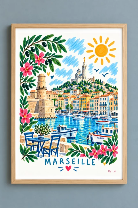 Affiche verticale illustrant un port coloré avec maisons, bateaux, grand soleil jaune, mouettes stylisées, motifs floraux et le mot Marseille en bas.