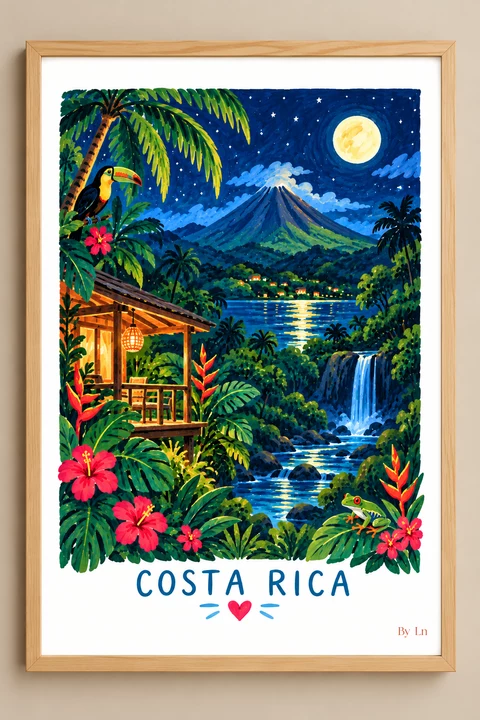 Affiche Costa Rica de nuit : volcan, cascade, lune et ciel étoilé entourés de palmiers, de grandes feuilles et de fleurs colorées.