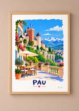Affiche illustrée de Pau en portrait, avec bâtiments clairs, tour crénelée, drapeau tricolore, terrasses fleuries et montagnes enneigées.
